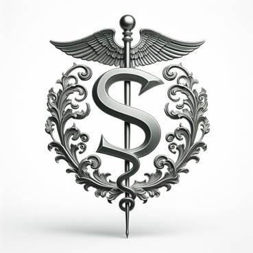 Metal Family crest with hippocrates stick, a big letter "S" on the Stick, no background, no person