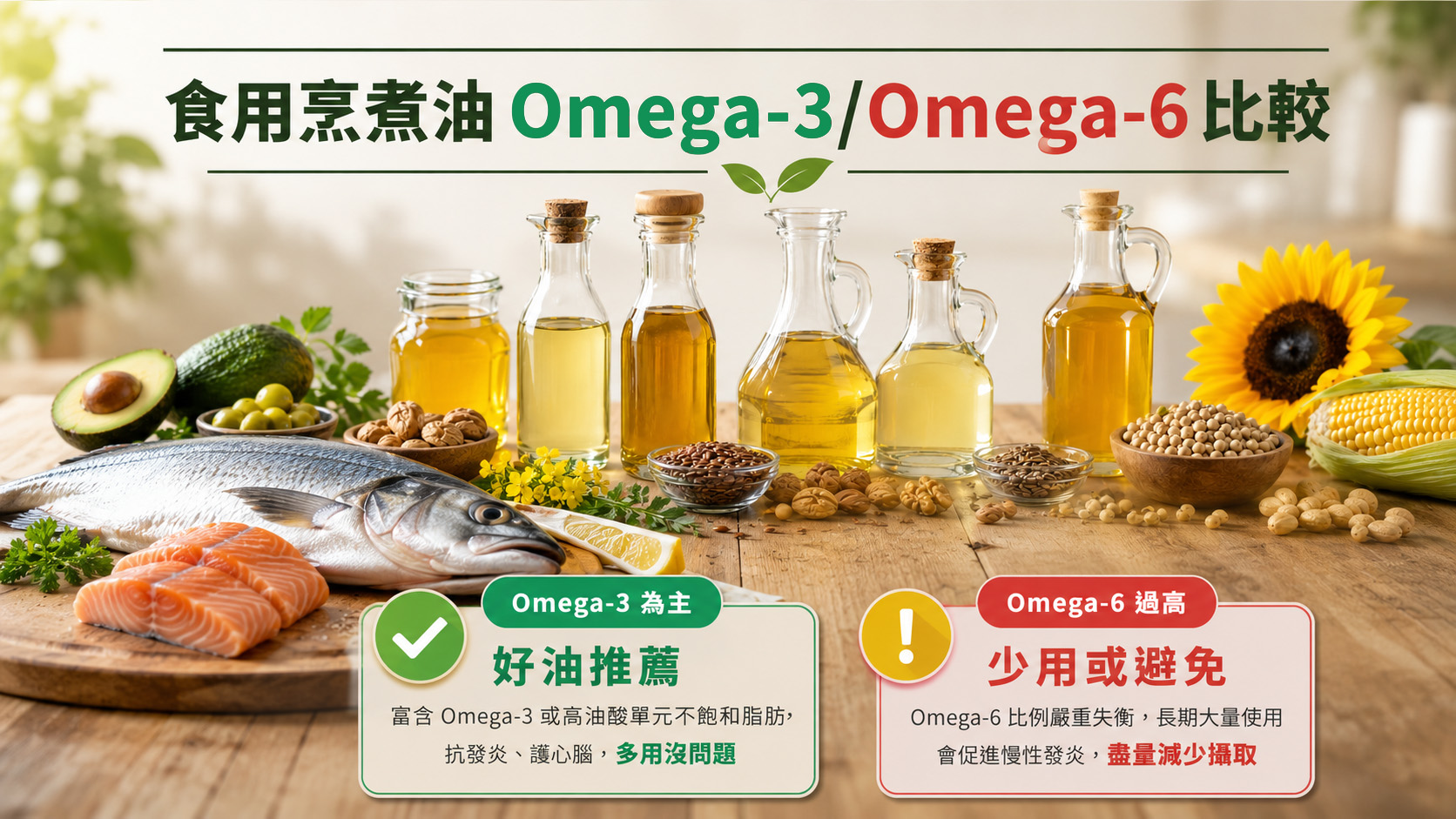 食用烹煮油 Omega-3 / Omega-6 比較圖表 — 好油推薦 vs 壞油避免